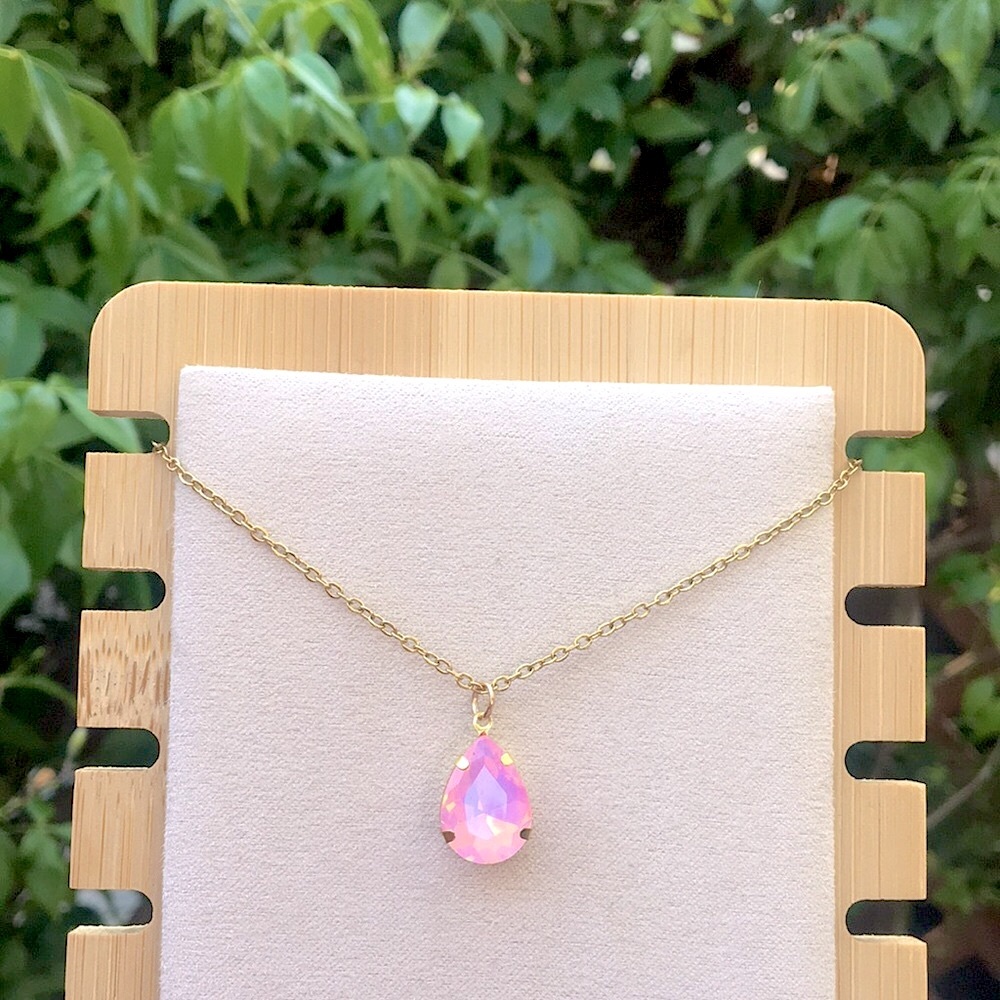 Pink Opal Aurora Borealis Pear Teardrop Crystal Pendant Necklace - Picture 10 of 14